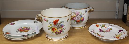 A pair of 19th century Derby flower-decorated jardinières, three similar plates and a soup plate jardinieres H.16cm